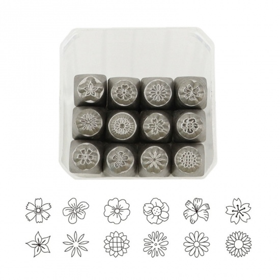 Immagine di 1 Set/12 pcs 3mm Steel Enamel Flower Garden Style Blank Stamping Tags Punch Metal Stamping Tools Rectangle Cuboid Silver Tone 6cm x 0.6cm