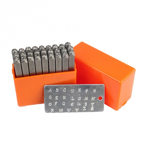 Immagine di 1 Set/27 pcs 3mm Steel Blank Stamping Tags Punch Metal Stamping Tools Rectangle Cuboid Initial Alphabet/ Capital Letter Silver Tone 6cm x 0.6cm