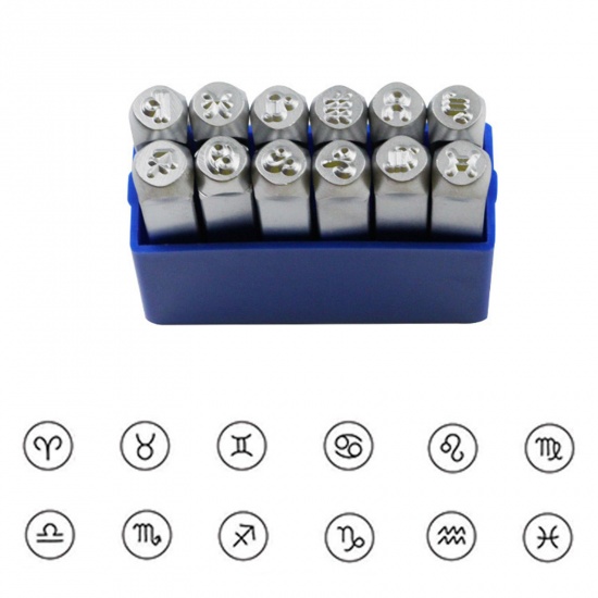 Picture of 1 Set ( 12 PCs/Set) Steel Punch Metal Stamping Tools Rectangle Cuboid Constellation Silver Tone 6.5cm x 1cm