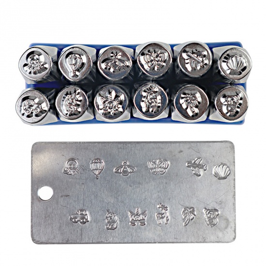 Picture of 1 Set/12 pcs 6mm Steel Travel Blank Stamping Tags Punch Metal Stamping Tools Rectangle Cuboid Silver Tone 6.5cm x 1cm
