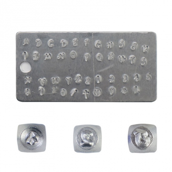 Picture of 1 Set/42 pcs 3mm Steel Blank Stamping Tags Punch Metal Stamping Tools Rectangle Cuboid Initial Alphabet/ Capital Letter Silver Tone 6cm x 0.6cm