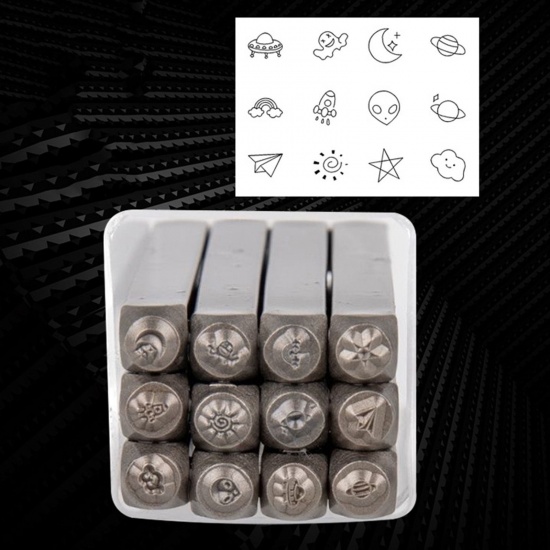 Picture of 1 Set/12 pcs 3mm Steel Galaxy Blank Stamping Tags Punch Metal Stamping Tools Rectangle Cuboid Silver Tone 6cm x 0.6cm