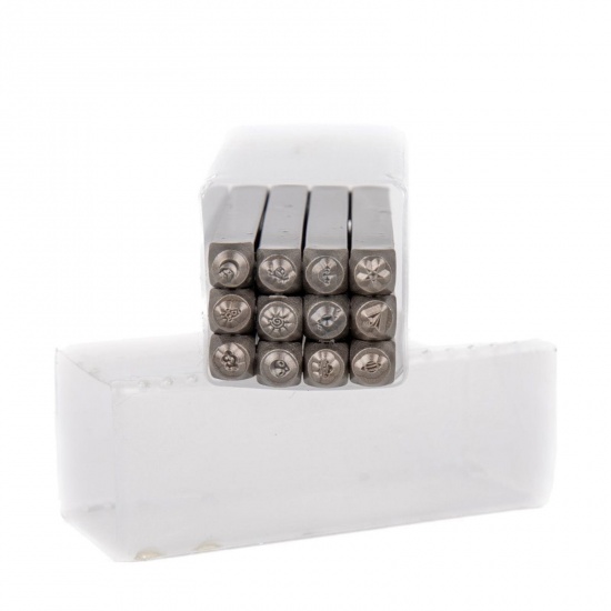 Picture of 1 Set ( 12 PCs/Set) Steel Punch Metal Stamping Tools Rectangle Cuboid Silver Tone 6cm x 0.6cm