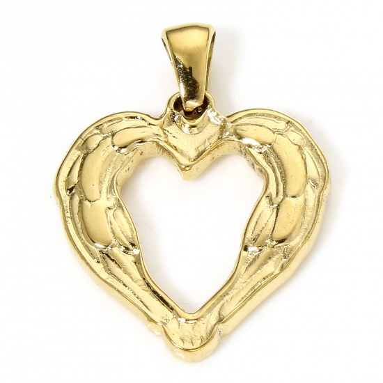 Bild von 1 Stück Vakuumbeschichtung 304 Edelstahl Valentinstag Charm-Anhänger Herz Vergoldet Flügel 22mm x 21mm