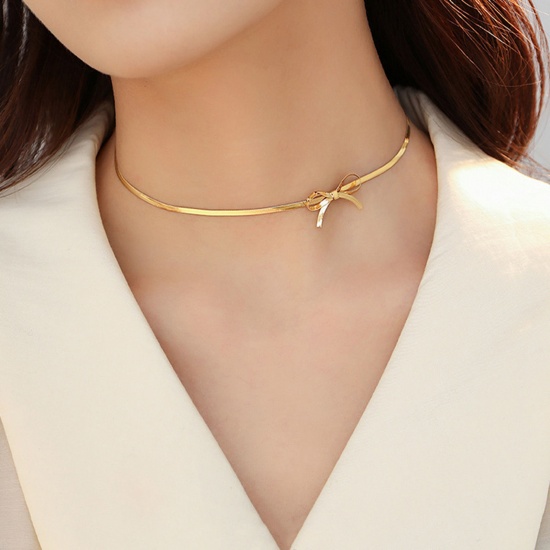 Picture of 1 Piece 304 Stainless Steel Snake Chain Choker Necklace 18K Gold Color Bowknot 33cm(13") long