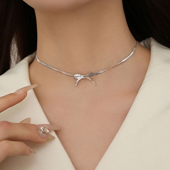 Picture of 1 Piece 304 Stainless Steel Snake Chain Choker Necklace Silver Tone Bowknot 33cm(13") long