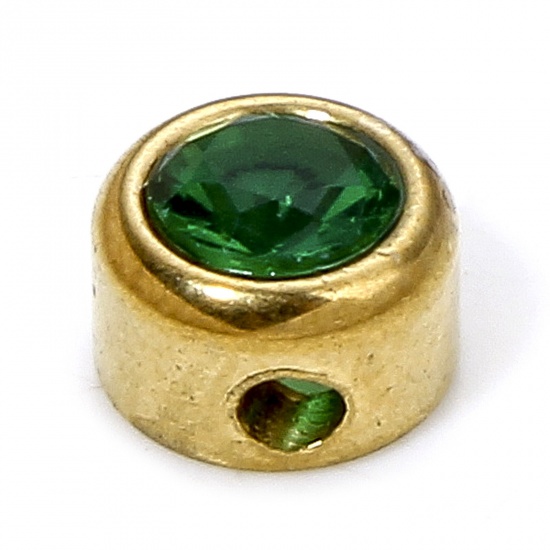 Picture of 1 Piece Eco-friendly 304 Stainless Steel Birthstone Charms Gold Plated Round Dark Green Rhinestone 6mm x 6mm