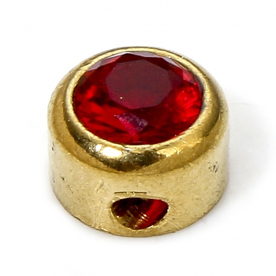 Picture of 1 Piece Eco-friendly 304 Stainless Steel Birthstone Charms Gold Plated Round Red Rhinestone 6mm x 6mm