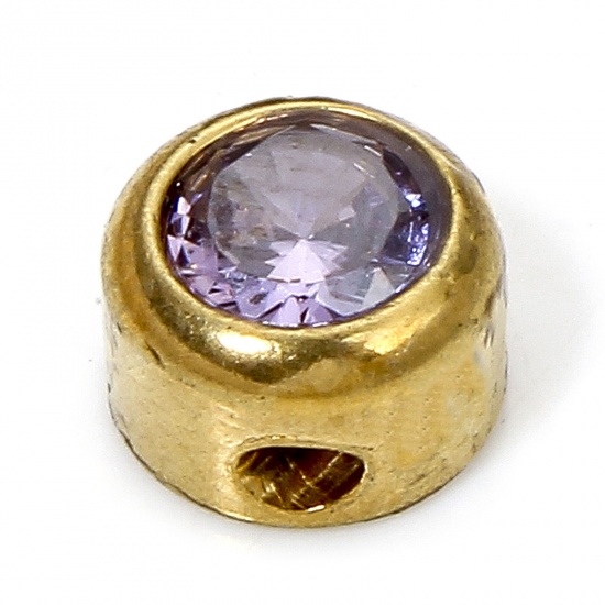Picture of 1 Piece Eco-friendly 304 Stainless Steel Birthstone Charms Gold Plated Round Purple Rhinestone 6mm x 6mm