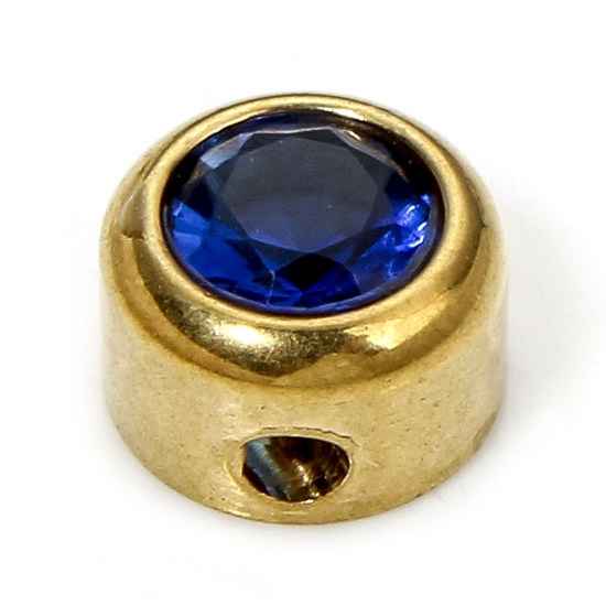 Immagine di 1 Piece Eco-friendly 304 Stainless Steel Birthstone Charms Gold Plated Round Royal Blue Rhinestone 6mm x 6mm