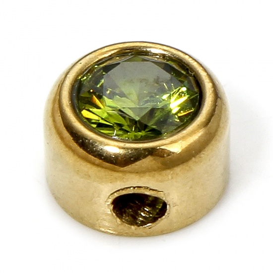 Picture of 1 Piece Eco-friendly 304 Stainless Steel Birthstone Charms Gold Plated Round Olive Green Rhinestone 6mm x 6mm