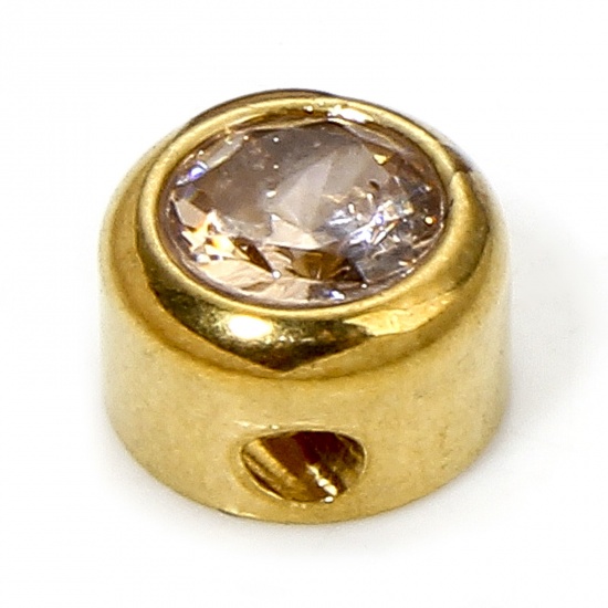 Picture of 1 Piece Eco-friendly 304 Stainless Steel Birthstone Charms Gold Plated Round Champagne Rhinestone 6mm x 6mm