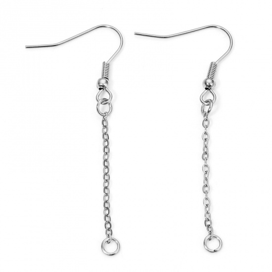Immagine di 2 PCs Eco-friendly 304 Stainless Steel Simple Ear Wire Hooks Earrings For DIY Jewelry Making Accessories Hook Silver Tone Tassel 55mm x 21mm, Post/ Wire Size: (21 gauge)
