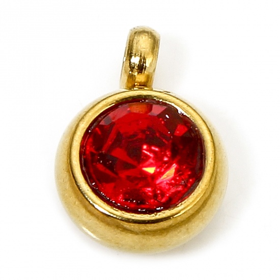 Immagine di 2 PCs Eco-friendly 304 Stainless Steel Birthstone Charms Gold Plated Round Red Rhinestone 8.5mm x 6mm