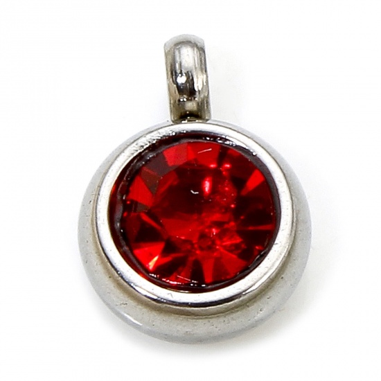 Immagine di 2 PCs Eco-friendly 304 Stainless Steel Birthstone Charms Silver Tone Round Red Rhinestone 8.5mm x 6mm