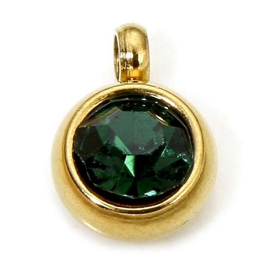 Immagine di 2 PCs Eco-friendly 304 Stainless Steel Birthstone Charms Gold Plated Round Dark Green Rhinestone 8.5mm x 6mm