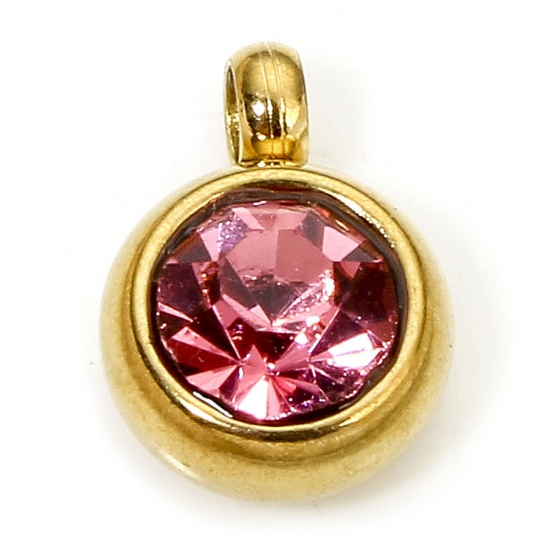 Immagine di 2 PCs Eco-friendly 304 Stainless Steel Birthstone Charms Gold Plated Round Pink Rhinestone 8.5mm x 6mm