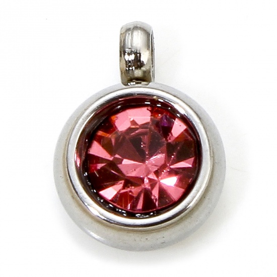 Immagine di 2 PCs Eco-friendly 304 Stainless Steel Birthstone Charms Silver Tone Round Pink Rhinestone 8.5mm x 6mm