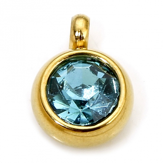 Immagine di 2 PCs Eco-friendly 304 Stainless Steel Birthstone Charms Gold Plated Round Lake Blue Rhinestone 8.5mm x 6mm