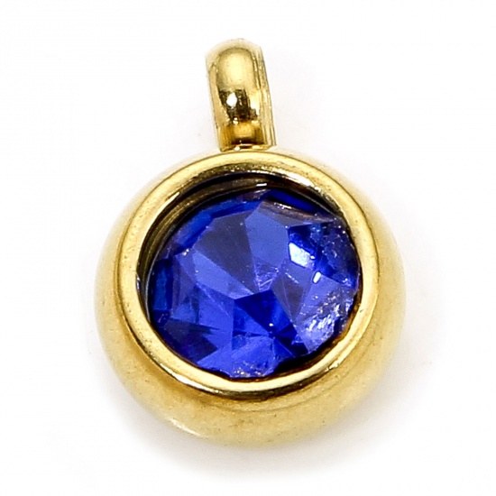 Immagine di 2 PCs Eco-friendly 304 Stainless Steel Birthstone Charms Gold Plated Round Royal Blue Rhinestone 8.5mm x 6mm