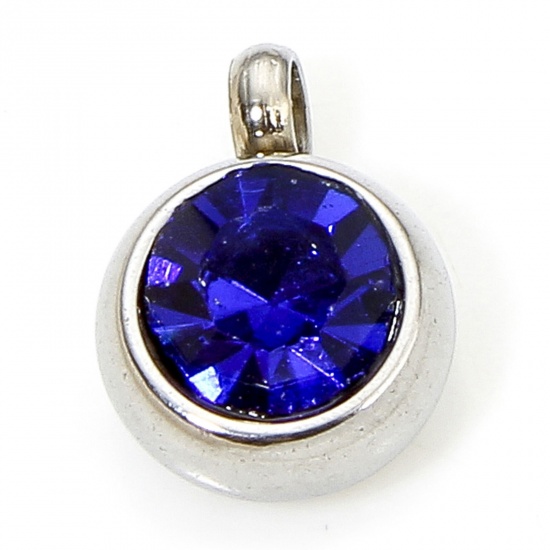 Immagine di 2 PCs Eco-friendly 304 Stainless Steel Birthstone Charms Silver Tone Round Royal Blue Rhinestone 8.5mm x 6mm