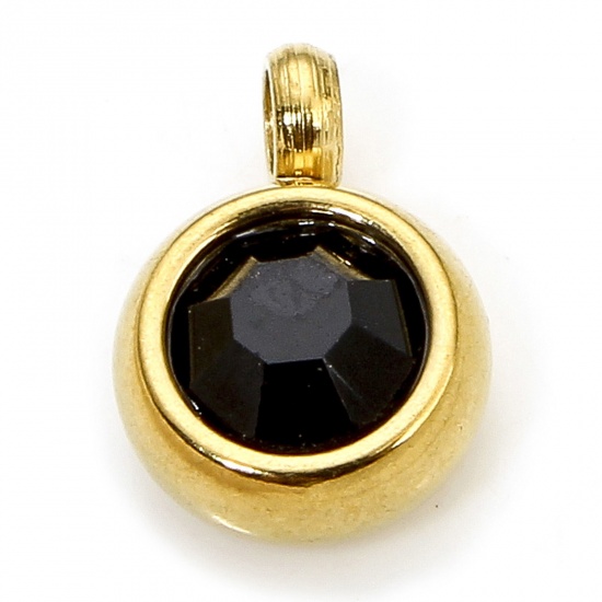 Immagine di 2 PCs Eco-friendly 304 Stainless Steel Birthstone Charms Gold Plated Round Black Rhinestone 8.5mm x 6mm