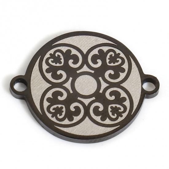 Picture of 2 PCs Vacuum Plating 304 Stainless Steel Connectors Charms Pendants Black Round Flower Vine 20mm x 16mm