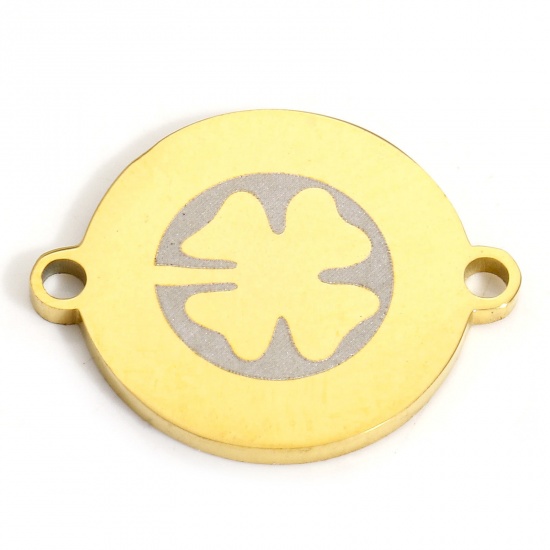 Picture of 2 PCs Vacuum Plating 304 Stainless Steel Connectors Charms Pendants 18K Gold Plated Leaf Clover 20mm x 16mm