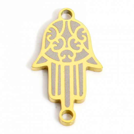 Picture of 2 PCs Vacuum Plating 304 Stainless Steel Connectors Charms Pendants 18K Gold Plated Hamsa Symbol Hand 22mm x 12mm