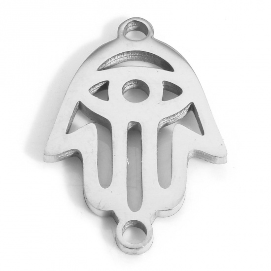Picture of 2 PCs Eco-friendly 304 Stainless Steel Connectors Charms Pendants Silver Tone Hamsa Symbol Hand 20.5mm x 14mm