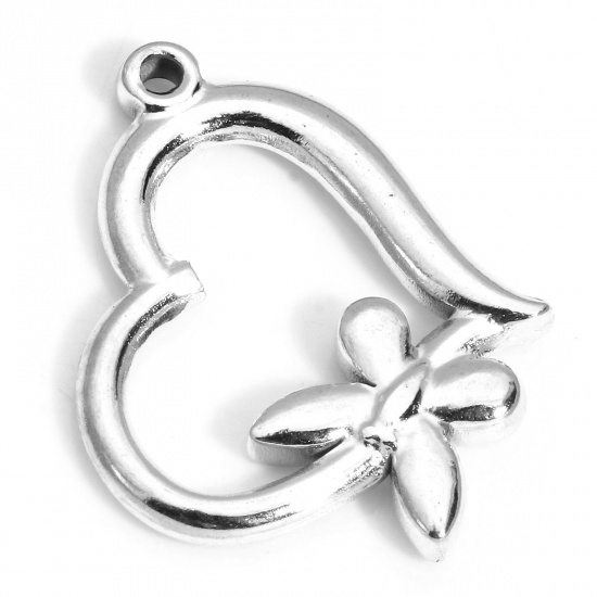 Picture of 1 Piece Eco-friendly 304 Stainless Steel Charms Silver Tone Heart Butterfly 24mm x 20mm