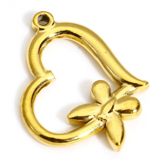 Picture of 1 Piece Vacuum Plating 304 Stainless Steel Charms 18K Gold Color Heart Butterfly 24mm x 20mm