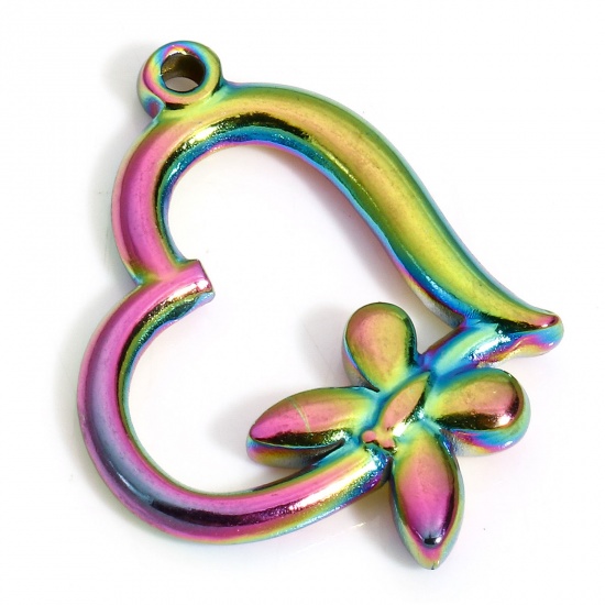 Picture of 1 Piece Vacuum Plating 304 Stainless Steel Charms Rainbow Color Plated Heart Dragonfly 24mm x 20mm