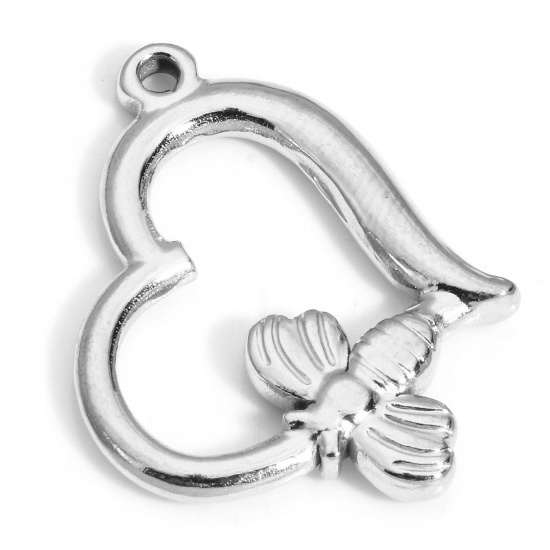 Picture of 1 Piece Eco-friendly 304 Stainless Steel Charms Silver Tone Heart Bee 24mm x 20mm