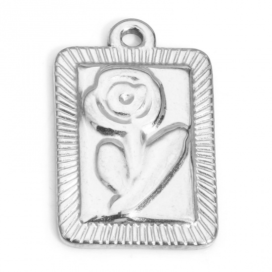 Picture of 1 Piece 304 Stainless Steel Valentine's Day Charms Silver Tone Rectangle Rose Flower 22mm x 14mm