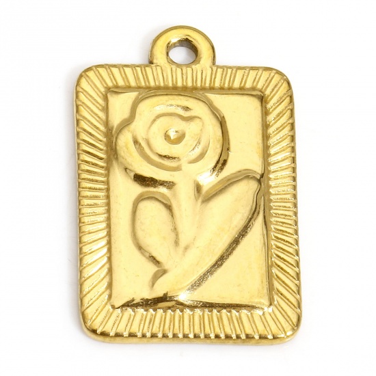 Picture of 1 Piece Vacuum Plating 304 Stainless Steel Valentine's Day Charms 18K Gold Color Rectangle Rose Flower 22mm x 14mm