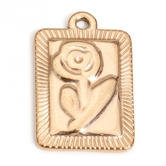 Picture of 1 Piece Vacuum Plating 304 Stainless Steel Valentine's Day Charms Rose Gold Rectangle Rose Flower 22mm x 14mm