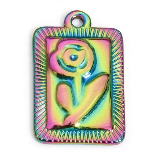 Picture of 1 Piece Vacuum Plating 304 Stainless Steel Valentine's Day Charms Rainbow Color Plated Rectangle Rose Flower 22mm x 14mm