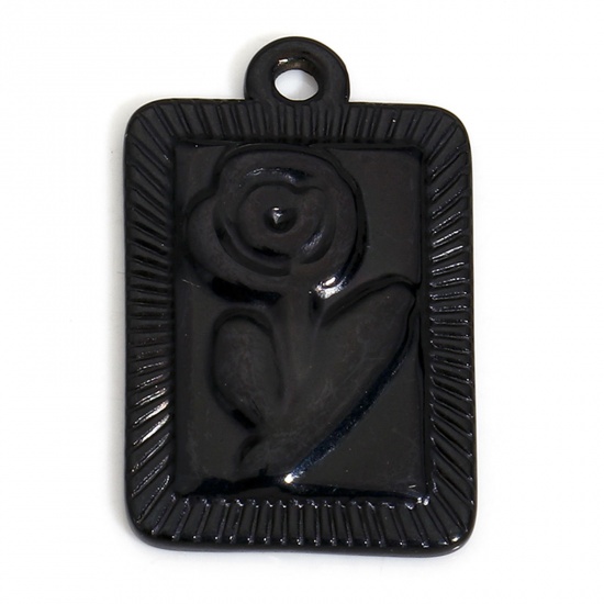 Picture of 1 Piece Vacuum Plating 304 Stainless Steel Valentine's Day Charms Black Rectangle Rose Flower 22mm x 14mm