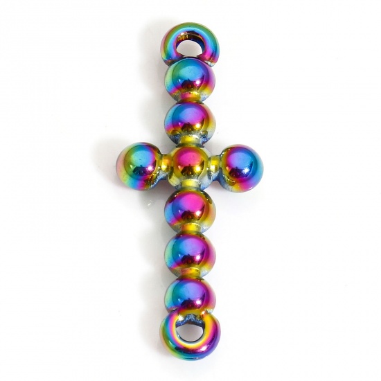 Picture of 1 Piece Vacuum Plating 304 Stainless Steel Religious Connectors Charms Pendants Rainbow Color Plated Cross 23mm x 9mm