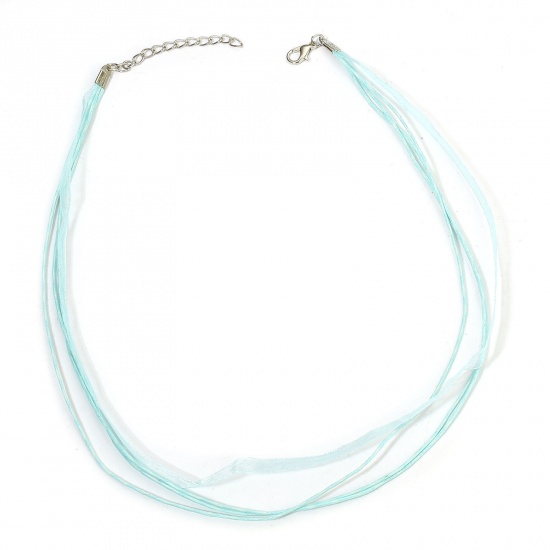 Picture of 20 PCs Organza Ribbon Wax Cord String Multilayer Layered Necklace Light Blue 43cm(16 7/8") long