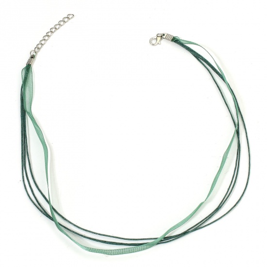 Picture of 20 PCs Organza Ribbon Wax Cord String Multilayer Layered Necklace Dark Green 43cm(16 7/8") long