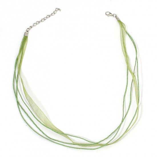 Picture of 20 PCs Organza Ribbon Wax Cord String Multilayer Layered Necklace Olive Green 43cm(16 7/8") long