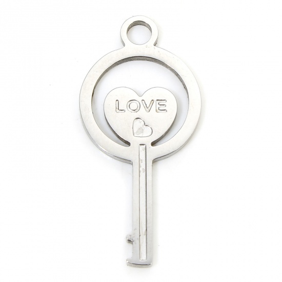 Immagine di 1 Piece Eco-friendly 304 Stainless Steel Valentine's Day Charms Silver Tone Key Heart Message " LOVE " Hollow 28.5mm x 13.5mm