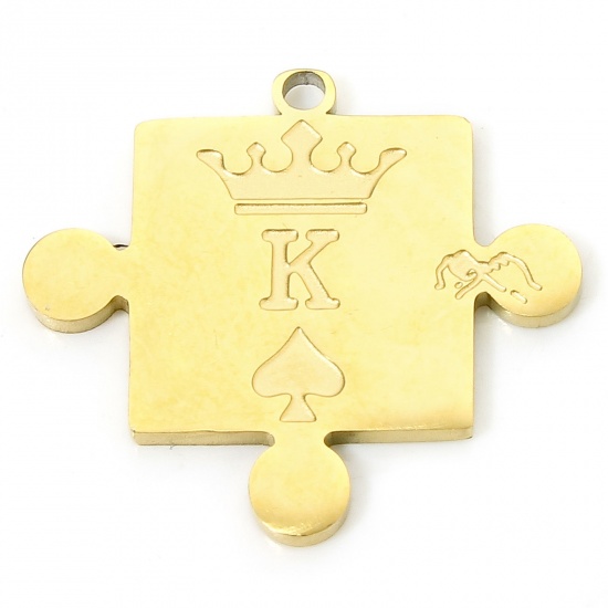 Picture of 1 Piece Vacuum Plating 304 Stainless Steel Geometric Charms Gold Plated Crown Building Blocks Message " K " 20.5mm x 18.5mm