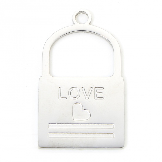 Immagine di 1 Piece Eco-friendly 304 Stainless Steel Valentine's Day Charms Silver Tone Lock Heart Message " LOVE " Hollow 30mm x 17.5mm