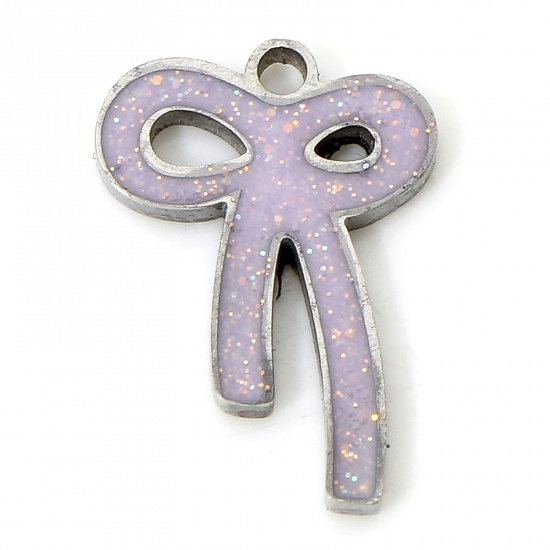 Immagine di 1 Piece Eco-friendly Vacuum Plating 304 Stainless Steel Stylish Charms Silver Tone Pale Lilac Bowknot Enamel 13.5mm x 9.5mm