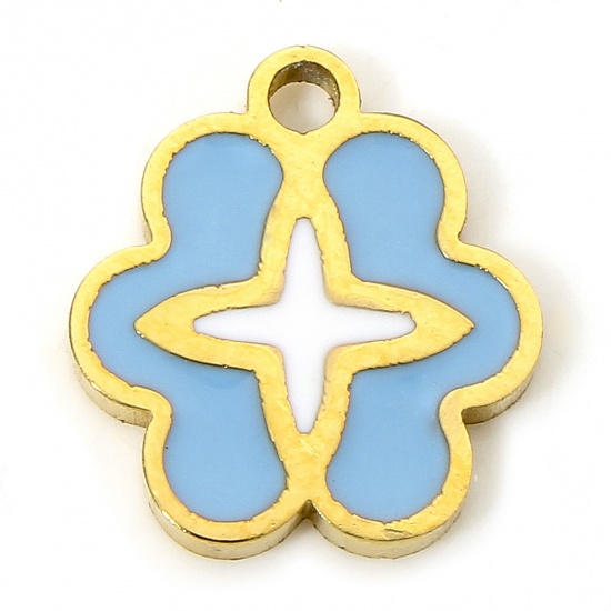 Immagine di 1 Piece Eco-friendly Vacuum Plating 304 Stainless Steel Stylish Charms Gold Plated Blue Flower Cross Enamel 10mm x 9mm