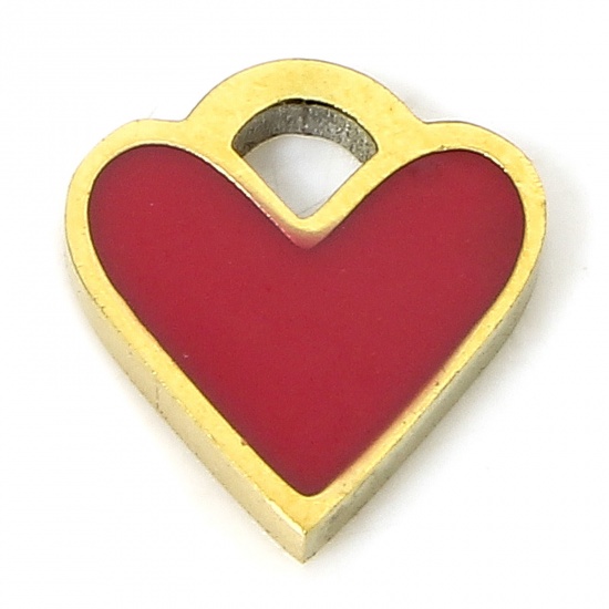 Immagine di 1 Piece Eco-friendly Vacuum Plating 304 Stainless Steel Valentine's Day Charms Gold Plated Red Heart Enamel 8.5mm x 8mm