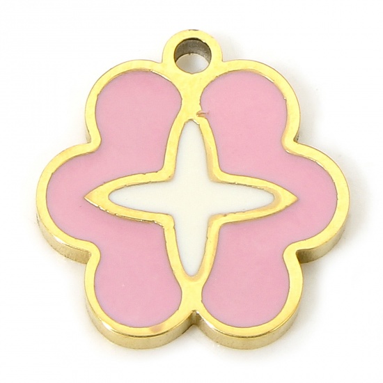 Picture of 1 Piece Eco-friendly Vacuum Plating 304 Stainless Steel Stylish Charms Gold Plated Pink Flower Cross Enamel 11.5mm x 11mm